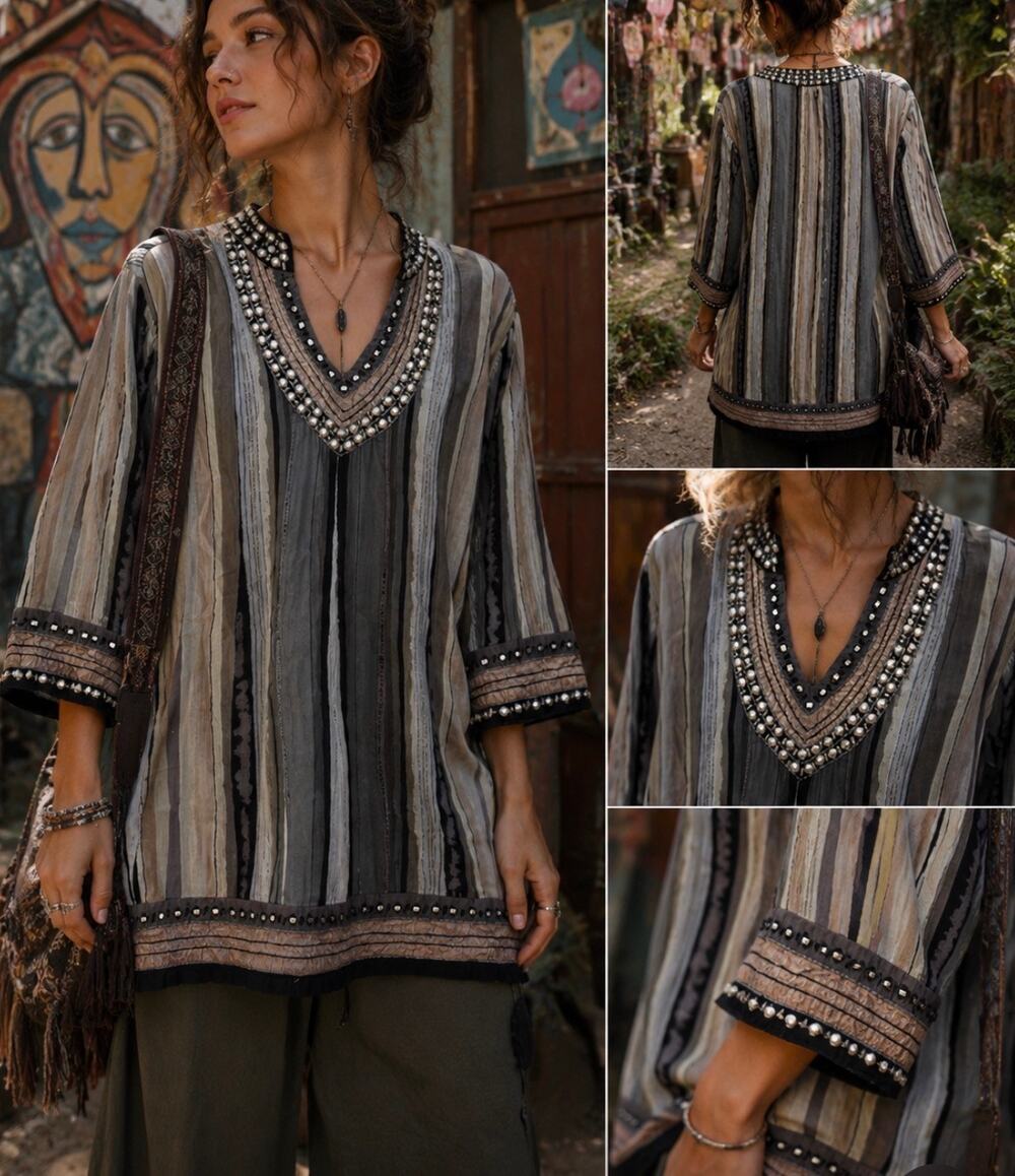 Anu Beaded Striped Tunic Top Size L Boho Festival Fairy sheath mini dress